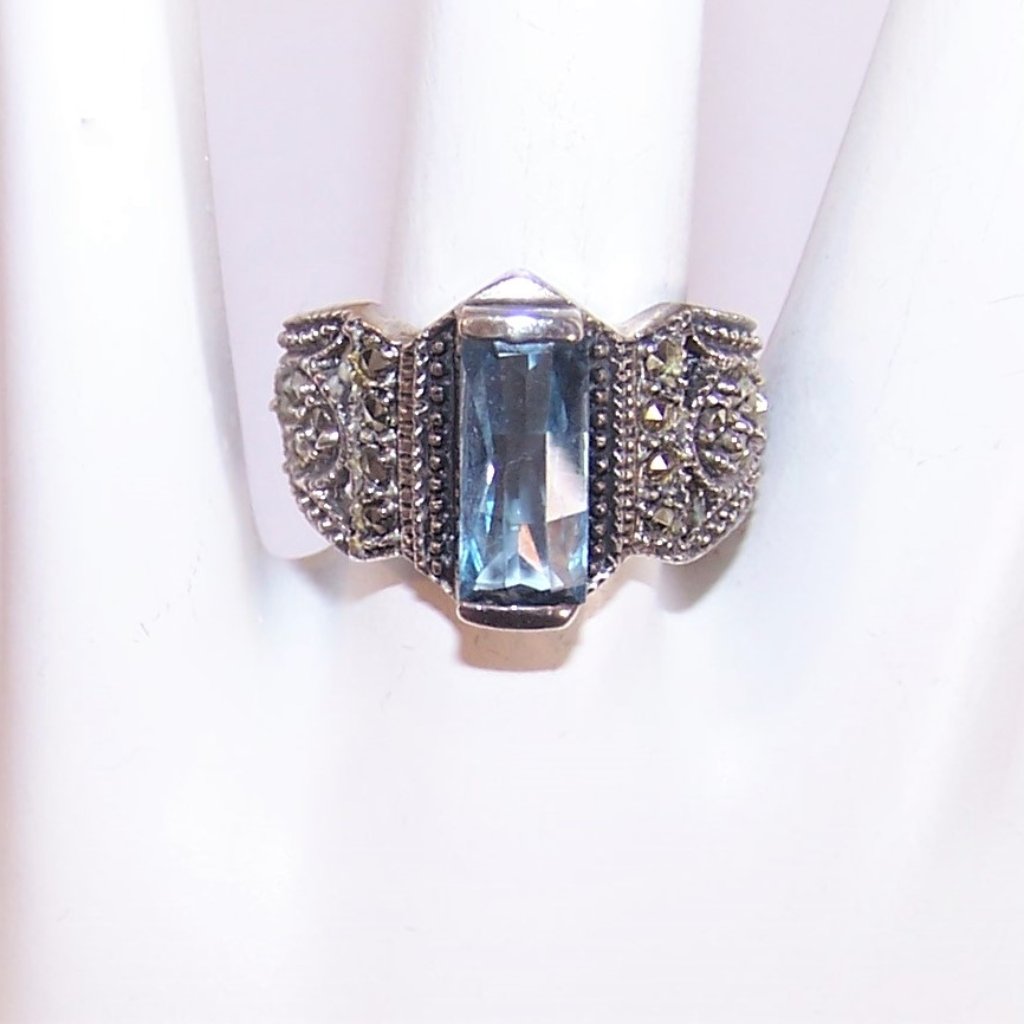 Sterling Silver Marcasite Blue Glass Paste Fashion Or Cocktail Ring - Size 5.5